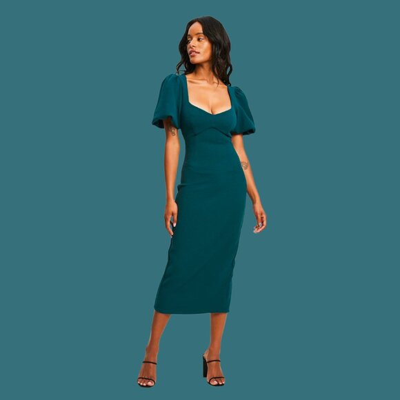 BWLDR Abana Puff Sleeve Emerald Green Midi Dress - Picture 3 of 6